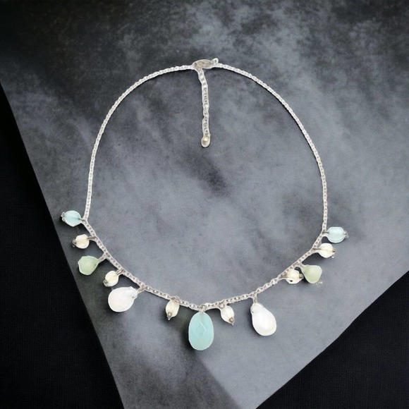 Silver-tone & Teardrop Bead Necklace Bluish Green Clear Y2K - Picture 1 of 6